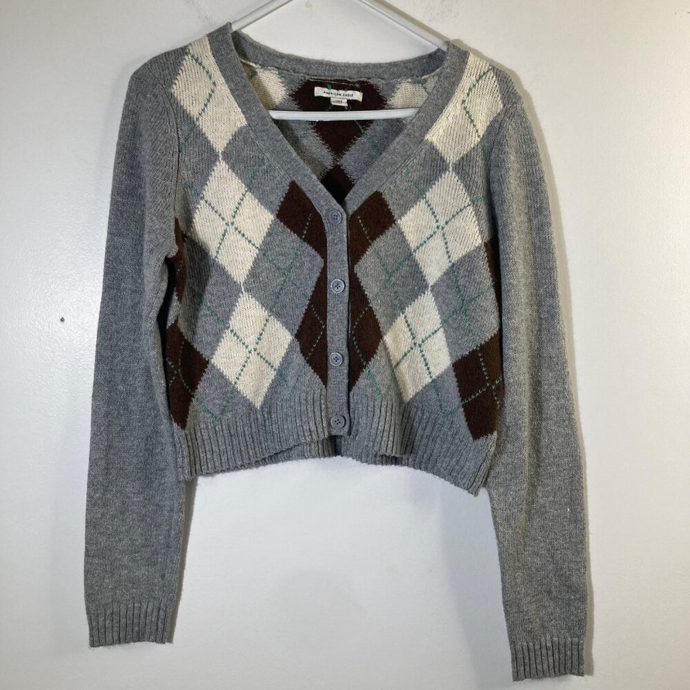Womens American Eagle Argyle Cardigan Button Gray Brown‎ White S